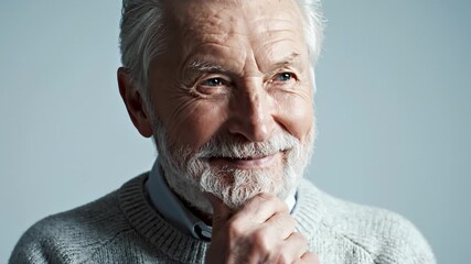 Senior Man Gently Touching His Beard and Smiling, Studio Shot
