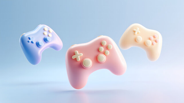 Pastel 3D game controllers floating on soft blue - Gaming background
