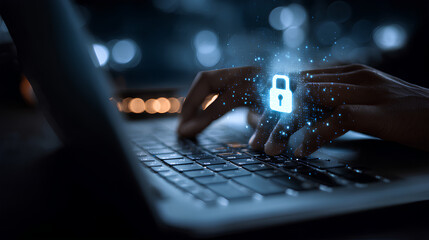 Cyber security network. Data protection concept. Programmer using laptop computer with digital padlock on internet technology networking with cloud computing and data management, cybersecurity