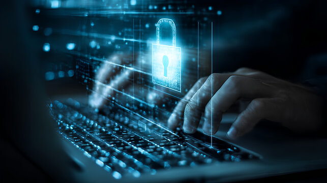 Cyber security network. Data protection concept. Programmer using laptop computer with digital padlock on internet technology networking with cloud computing and data management, cybersecurity