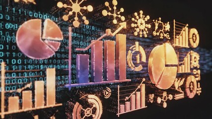 Binary code flow on dark background transforms into vibrant abstract data visualizations including bar charts pie charts line graphs molecular structures digital information analysis - Powered by Adobe