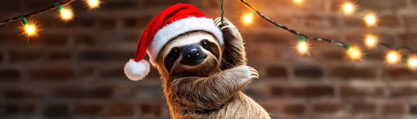 Fototapeta premium Sloth wearing red santa hat hanging on christmas light with brick wall background creates joyful holiday atmosphere