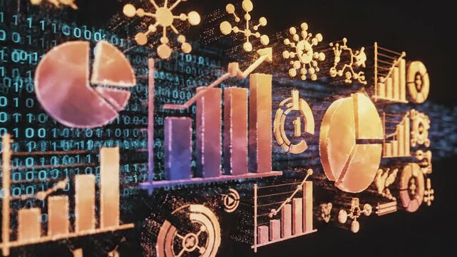 Binary code flow on dark background transforms into vibrant abstract data visualizations including bar charts pie charts line graphs molecular structures digital information analysis - Powered by Adobe