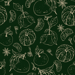 A hand-drawn line art seamless pattern with tangerines, cloves, and star anise. This minimalist graphic illustration is perfect for Christmas packaging, mulled wine labels, and festive textile design.