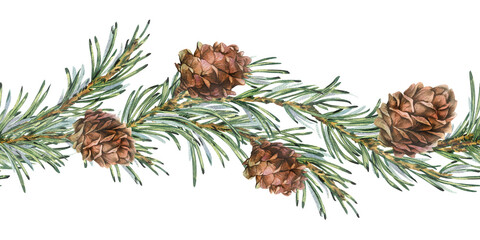 A seamless border pattern of green branches and brown pine cones. Hand-drawn watercolor illustration. Christmas, New Year, and winter composition for decor and textile design and greetings. © NATASHA-CHU