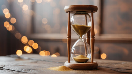 Sand flowing in a classic wooden hourglass on a rustic table with bokeh.