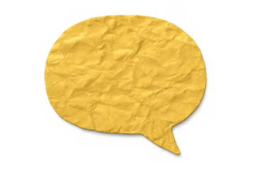 Yellow textured crumpled speech bubble for communication, chat, dialogue, message, or quote concept with transparent background