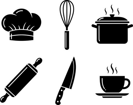 kitchen icons set,  kitchen cooking chef tools icons monochrome vector illustration