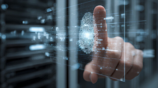Cyber security system and data protection concept. Man using fingerprint scanning access data with data center as background, biometric identity, data encryption for network security of cyber attack