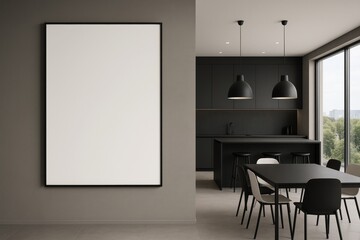 Modern black kitchen and dining room interior with large blank frame on wall and minimalist furniture under natural light in open space concept. Ai generative