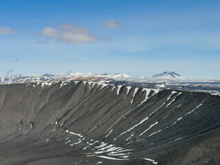 View of the circular crater of the Hverfjall volcano