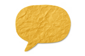 Yellow textured paper speech bubble with crumpled surface communicating message on transparent background