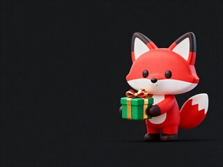 Minimal 3D fox icon holding gift box with bow colorful Christmas isolated illustration