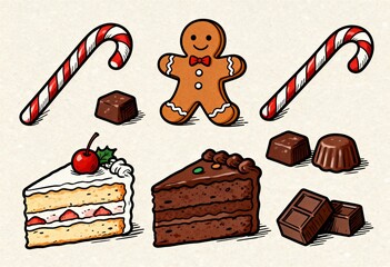 Hand-drawn thin line Christmas sweets set sketch style gingerbread candy cake chocolate bites