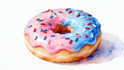Watercolor Christmas donut with icing and colorful sprinkles, pastel mood, festive dessert treat