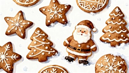 Watercolor Christmas gingerbread cookies with soft edges warm brown tones subtle snow details