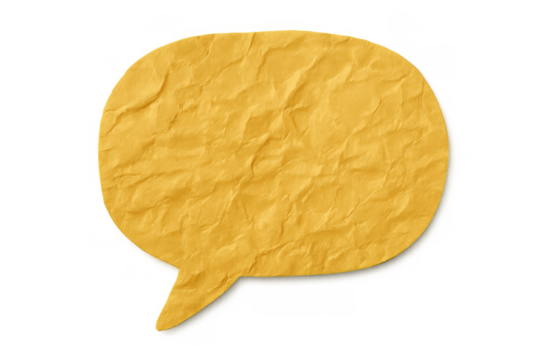 Yellow textured paper speech bubble with crumpled surface communicating message on transparent background - Powered by Adobe