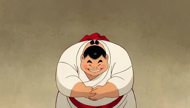 Cheerful sumo wrestler bowing in traditional attire