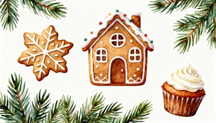 Watercolor holiday sweets set with gingerbread house snowflake cookie cupcake white background