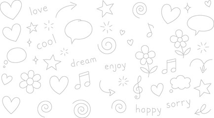 Line arrow, star, heart cute icon elements. Hand drawn sketch heart, arrow, star, flower decoration symbols. Simple sketch line style graphic elements Vector illustration.