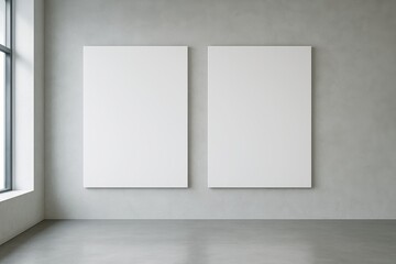 Two blank vertical posters on concrete wall in minimal grey room with natural light from large window, modern interior design concept scene. Ai generative