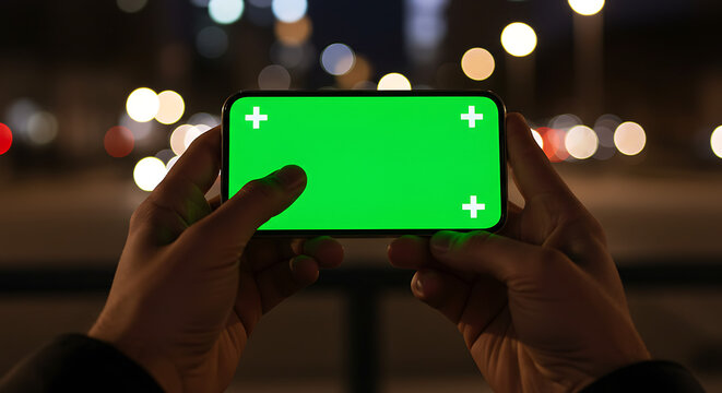 First-person point of view shot of hands holding a smartphone with a green screen horizontally, against a blurry city lights background at night - Powered by Adobe