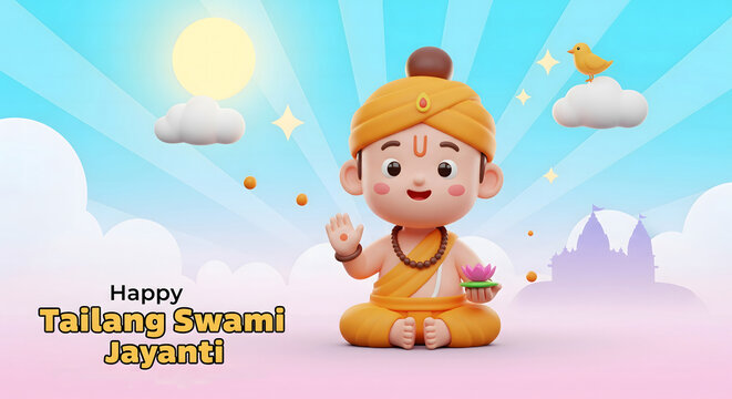 Cute cartoon character celebrating jagannath swami jayanti with blessings and sweets