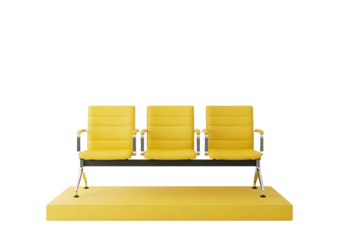 Three yellow waiting chairs and isolated on transparent background
