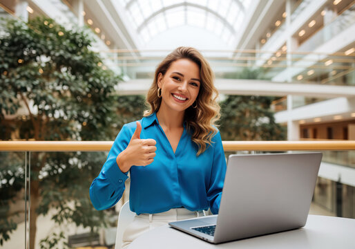 User satisfaction success visual with smiling woman giving thumbs up at laptop, ideal for SaaS feedback dashboards and testimonial pages highlighting positive ratings in online service platforms