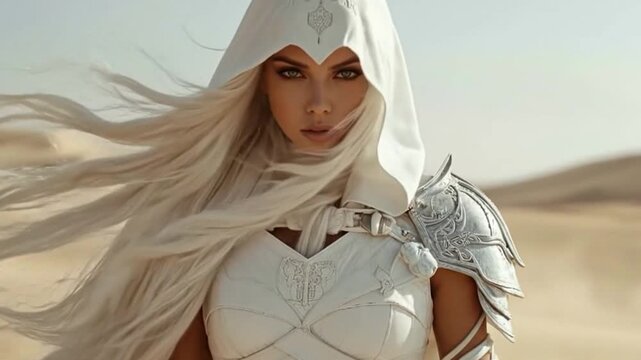 A powerful fantasy heroine with long white hair stands in a windy desert, her intense gaze fixed on the viewer. Dressed in an ornate white hooded costume with detailed shoulder armor, she embodies str