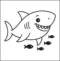 Fototapeta premium Cute shark with small fishes ocean animal underwater scene black line art vector illustration for kids coloring pages 