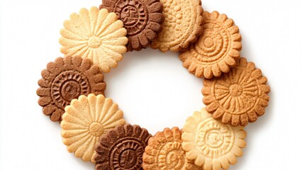 An assorted cookies forming a wreath shape on white background, top-down geometry concept