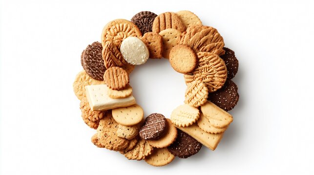 An assorted cookies forming a wreath shape on white background, top-down geometry concept