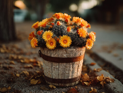 Barrel cactus with yellow flowers in the desert
