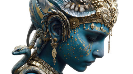 Title: A Serene Blue skinned Hindu Deity Head and Shoulders Portrait Adorned with Traditional Ornaments Isolated on White Background