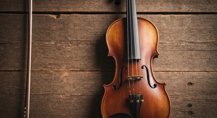Fototapeta premium A violin and bow rest against a textured, rustic wooden background