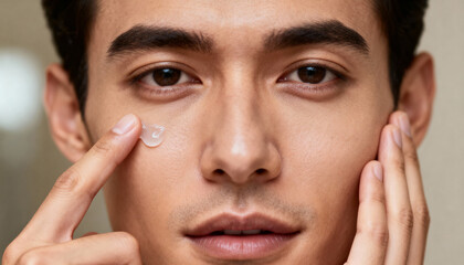 Close-up portrait of young man applying moisturizing cream on face