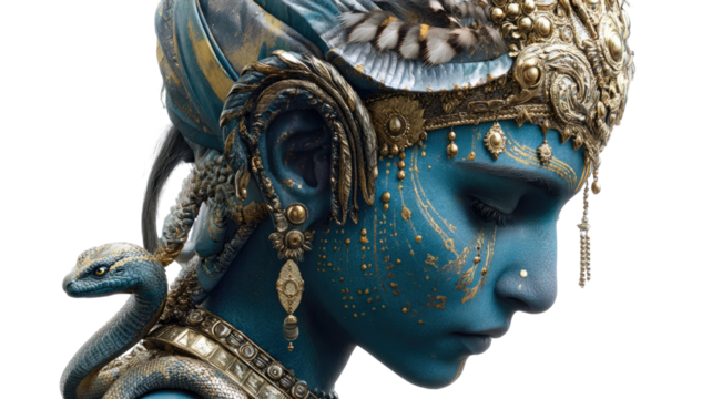 Title: A Serene Blue skinned Hindu Deity Head and Shoulders Portrait Adorned with Traditional Ornaments Isolated on White Background