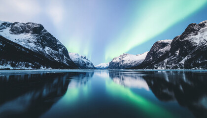 Symmetrical icy lake scene with snow-covered mountains and vibrant green-blue aurora borealis reflected in the water.