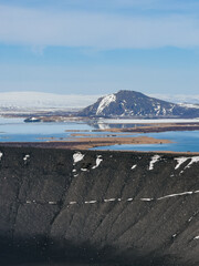 View of the circular crater of the Hverfjall volcano