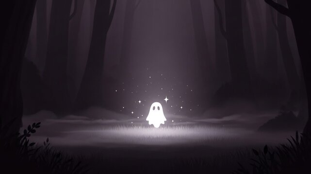 Cute, bright ghost in the socks of a forest on a Halloween night.