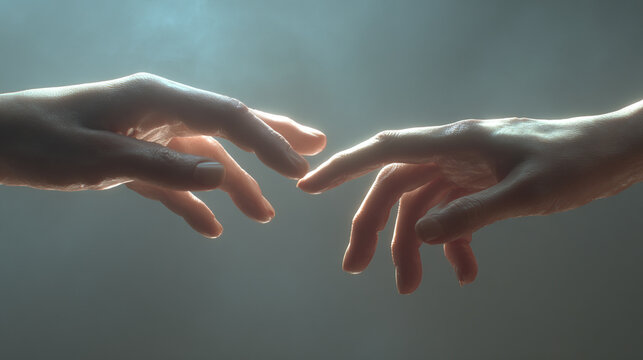 Two hands reaching out towards each other in a softly lit ethereal setting