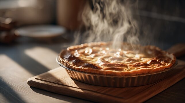 A classic pie cooling on wooden board, steam rising, golden crust illuminated by morning sunlight, cinematic kitchen scene