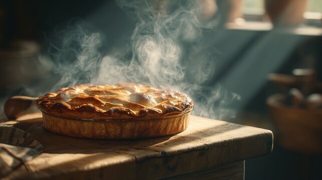A classic pie cooling on wooden board, steam rising, golden crust illuminated by morning sunlight, cinematic kitchen scene