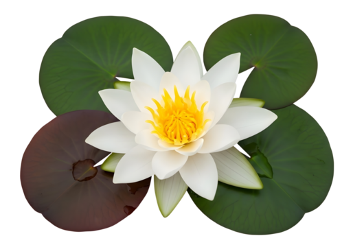 White water lily flower with green lily pads isolated on transparent background