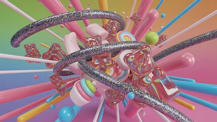 A colorful candy explosion with gummy bears and marshmallow delights