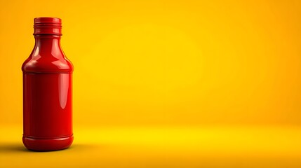 Bright Red Ketchup Bottle Isolated on Vibrant Yellow Background