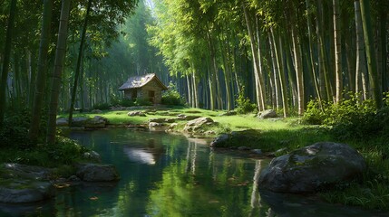 Peaceful and scenic landscape view of a pavilion in nature