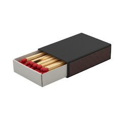 Open Black Matchbox Filled with Wooden Matches with Red Tips – Isolated on transparent background, PNG