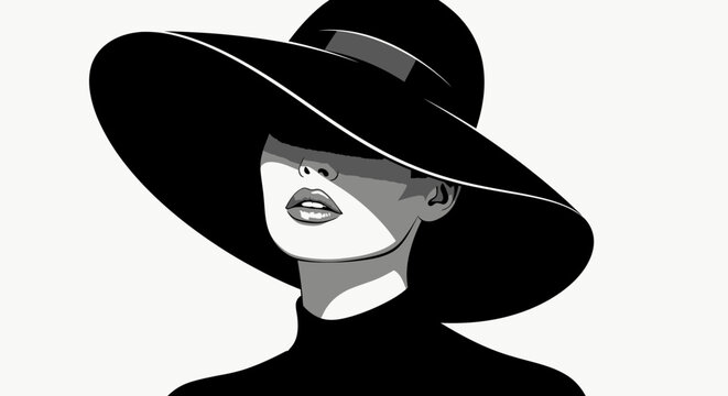 A minimalist black and white illustration of a mysterious woman wearing a large, wide-brimmed hat. - Powered by Adobe